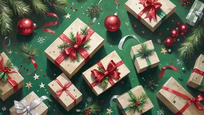 The primary subject of the image is a collection of wrapped presents, which are displayed on a green surface. The presents are arranged in various positions, creating a visually appealing and festive scene. The setting appears to be a holiday-themed environment, with the presents being the main focus of the image. The visual style of the image is a combination of digital art and illustration, giving it a unique and creative appearance. The colors and mood of the image are predominantly green and festive, reflecting the hol